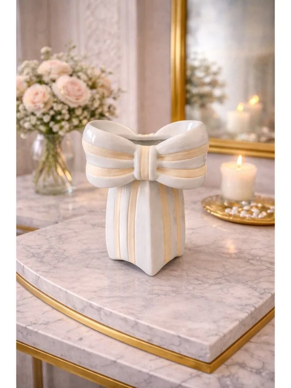 New Yellow & Tan Bow Wedding Decorative Flower Table Vase Room Decor
